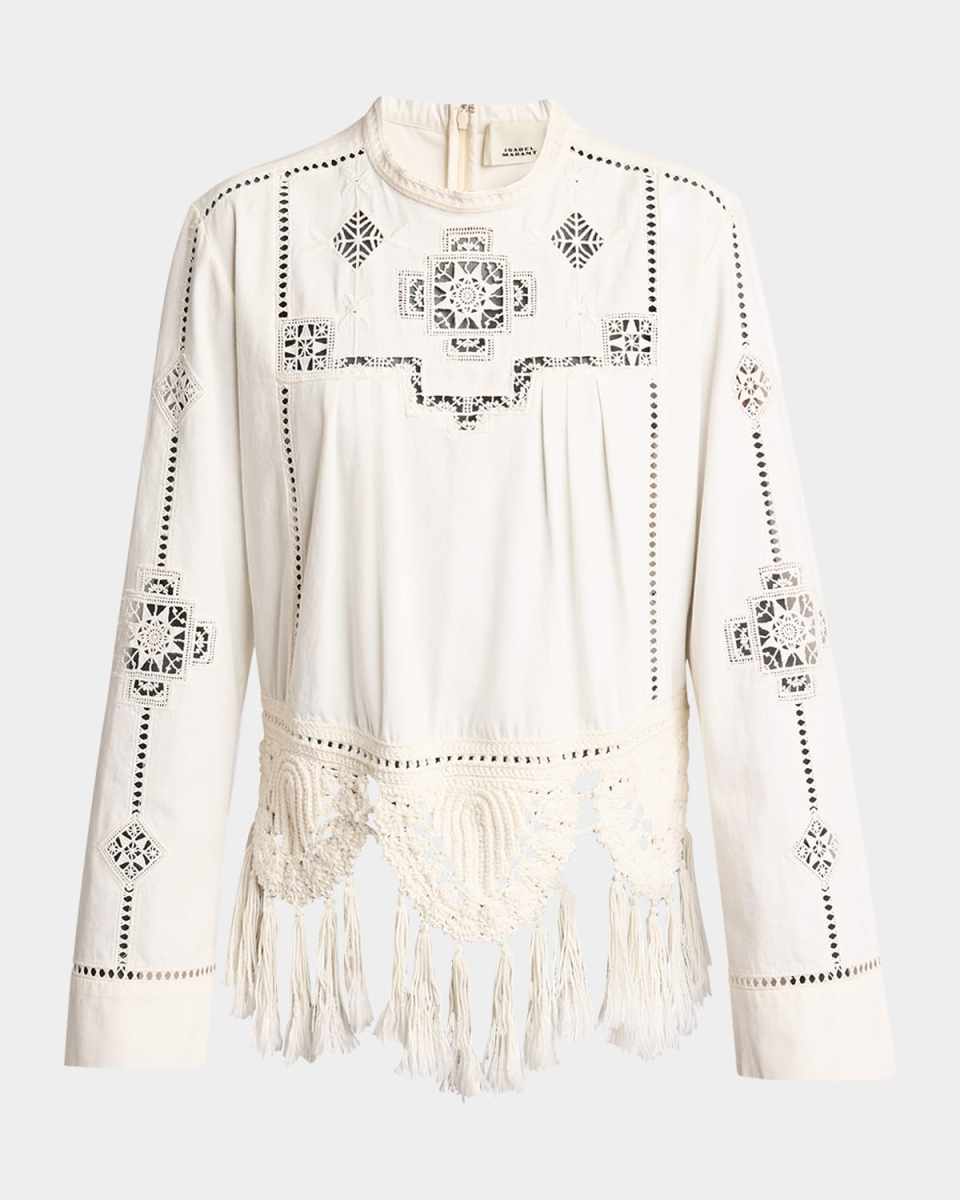 Severine Crochet Fringe-Hem Long-Sleeve Blouse